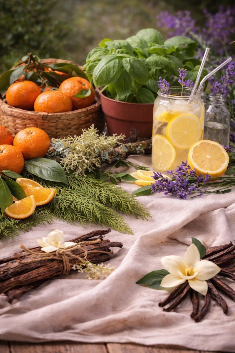 Table with lemons, oranges, vanilla beans, and a pot of basil on a rustic setting.
