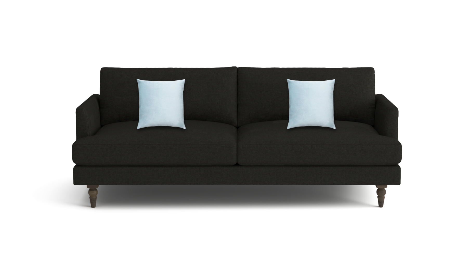 A modern black fabric sofa with two light blue throw pillows, shown from a front-facing perspective on a clean white background.