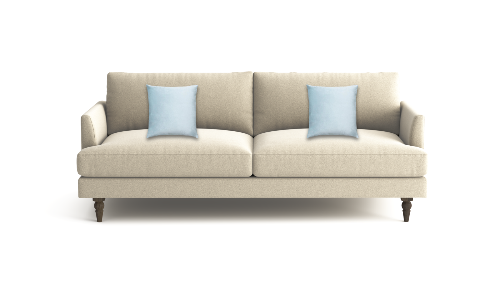 A modern two-seater sofa in a light beige fabric, styled with two light blue throw pillows and supported by dark brown wooden legs, shown against a plain white background.