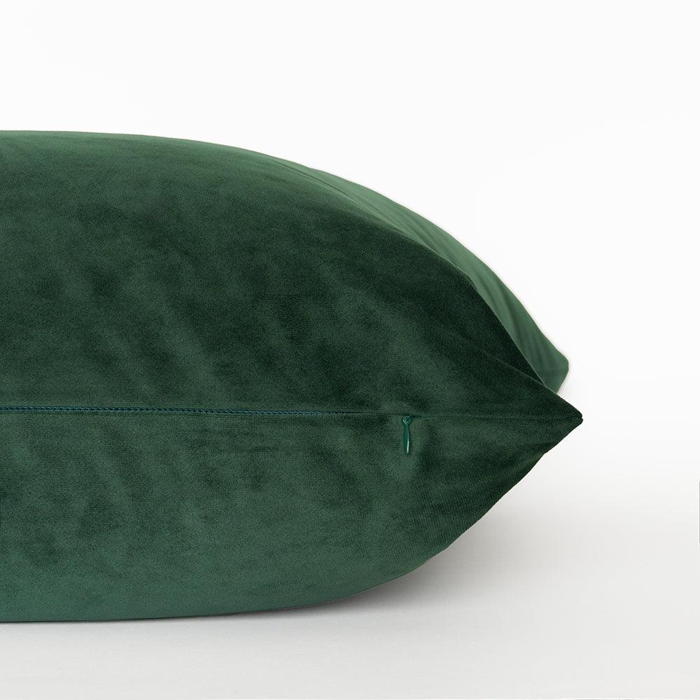 Forest green Velvet Pillow Cover from the side view showing the hidden zipper