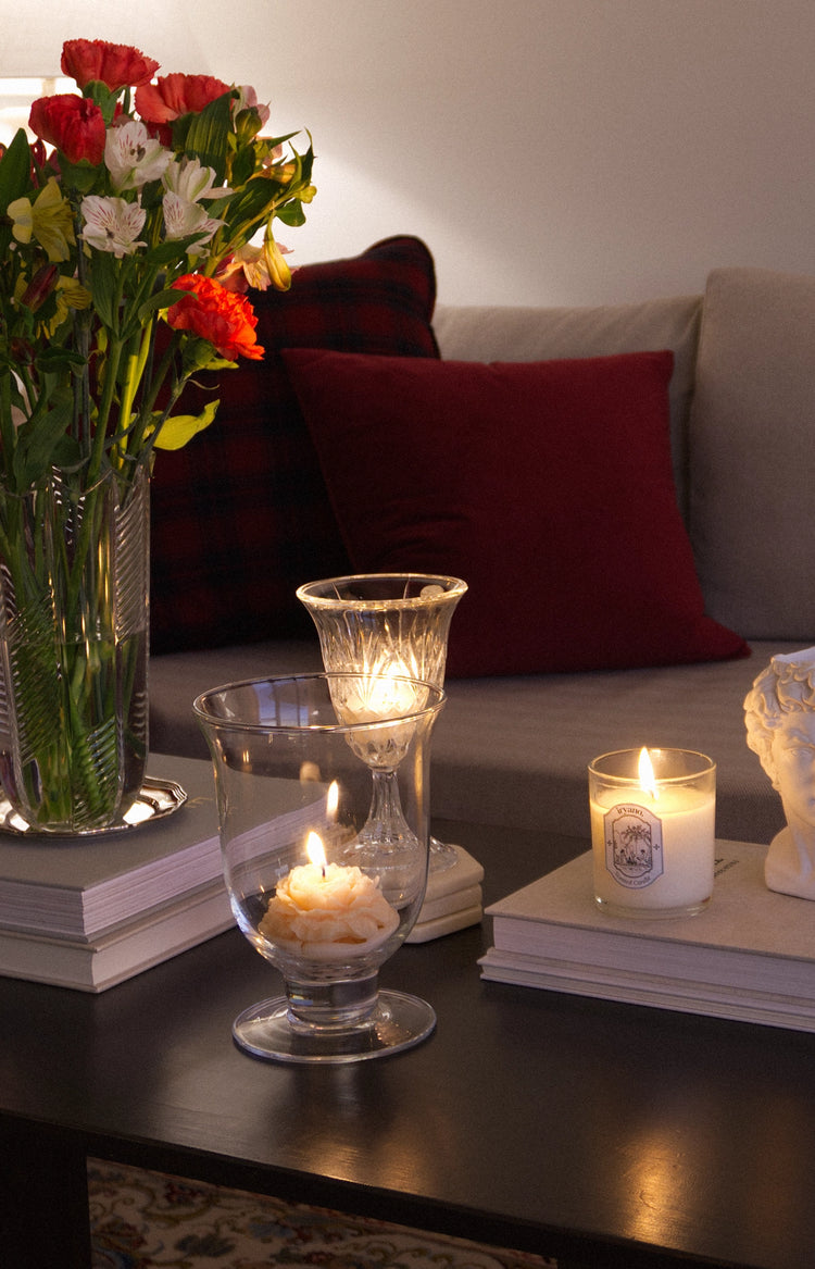 Fall cherry red cushion and blossom candle 