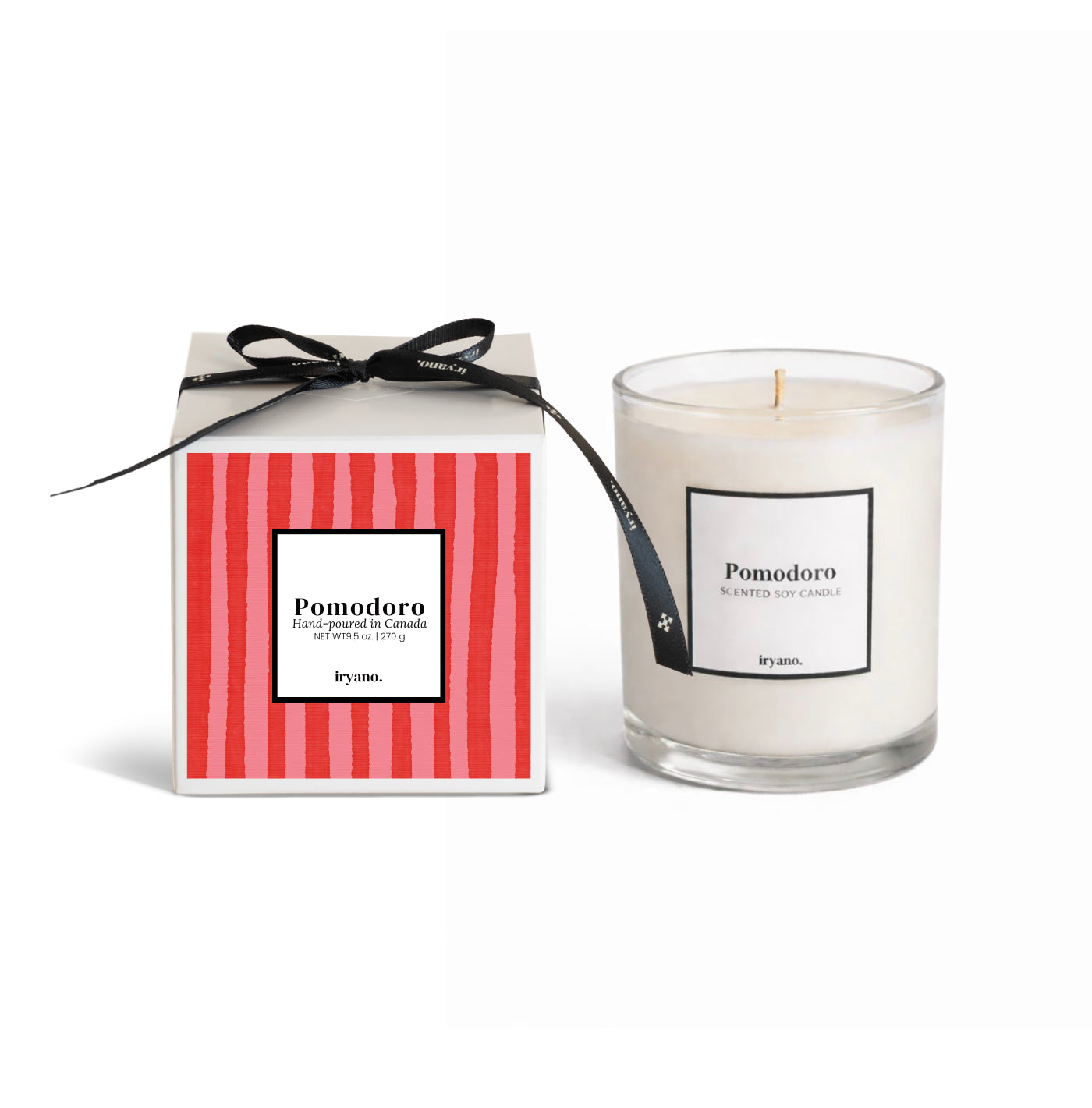 Pomodoro scented candle with matching packaging on a white background