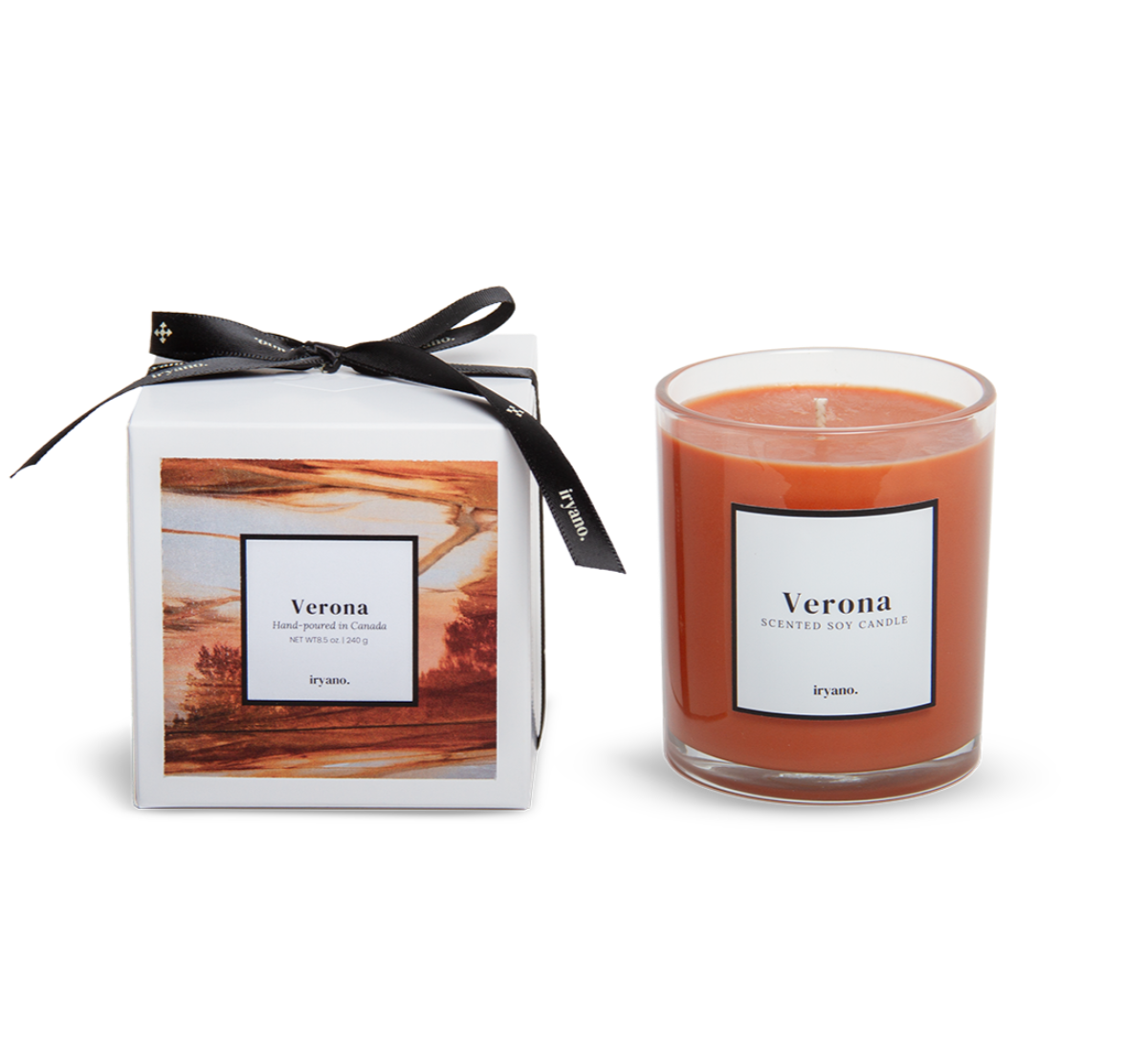 Candle labeled 'Verona' with packaging on a white background
